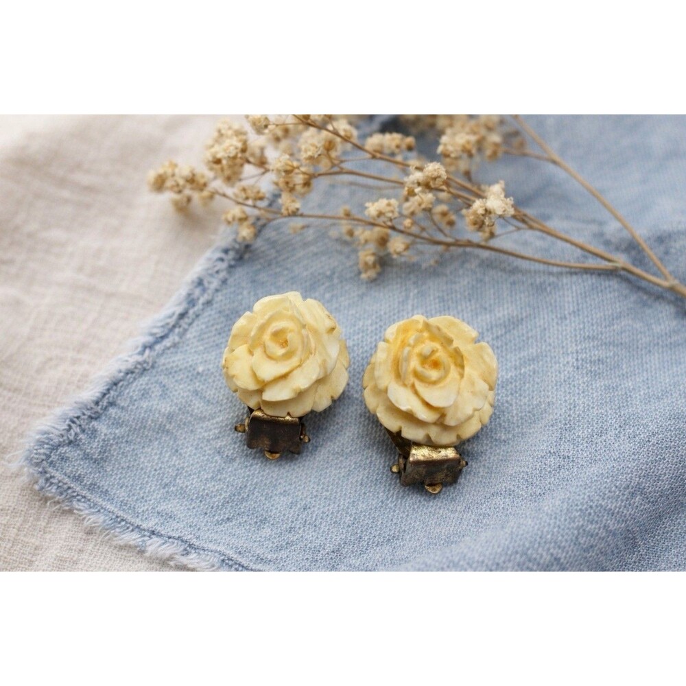 Vintage 1940s Carved Rose Clip On Earrings Ivory Floral Mid Century Retro